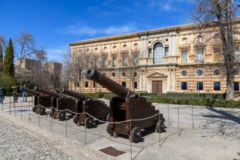 Guns in front of Palacio de Carlos V (La Alhambra, Granada, Spain) Stock Photos