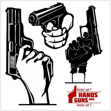 Guns in hands machinegun - vector set isolated on white Stock Illustration