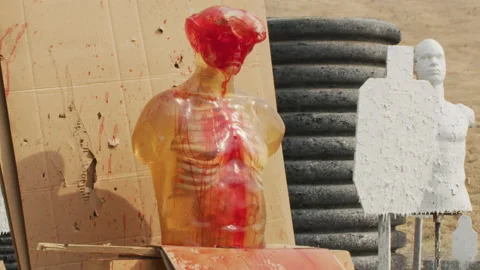 Gunshooting silicone dummy of human upper body, ballistic expertise Stock Footage 138245082