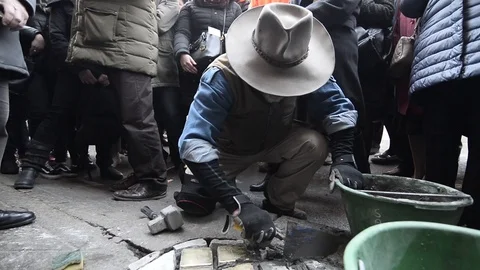Gunter Demnig at the 'Memory Blocks' performance Stock Footage 105739690