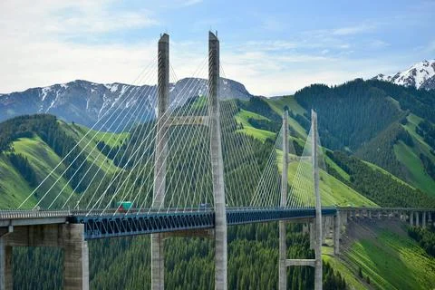 Guozigou Bridge is a cable-stayed bridge located in Xinjiang, China. Stock Photos