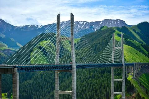 Guozigou Bridge is a cable-stayed bridge located in Xinjiang, China. Stock Photos
