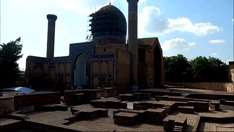 Gur-e-Amir Mausoleum with dome under restoration in daytime, Samarkand Stock Footage 336187960