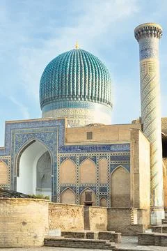 Gur-e-Amir mausoleum with its iconic turquoise ribbed dome and decorated mi.. Stock Photos