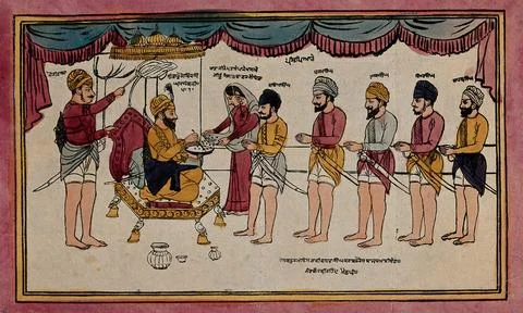 Guru Gobind Singh mixing nectar for his disciples at the birth of Khalsa. C.. Stock Illustration