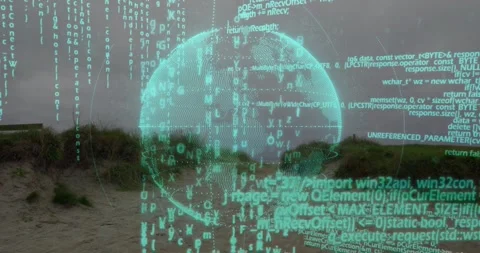 Gust causing holographic globe appearing rotating ring pulses flowing code Stock Footage 317260430