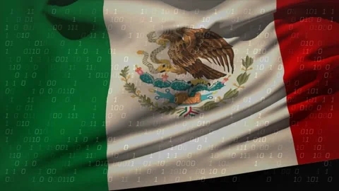 Gusting wind, Mexican flag waving and folding as binary digits streaming over Stock Footage 329899064