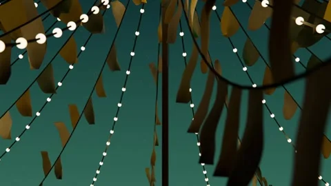 Gusting wind sending canopy of radial string lights and tan flags sweeping, Stock Footage 339722066