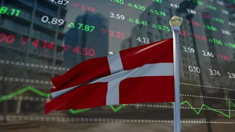 Gusting wind sending Danish flag waving while market overlay shifting, showing Stock Footage 338356390