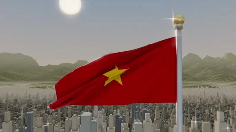 Gusting wind unfurling red flag with yellow star over city skyline near silver 库存影片 337944156