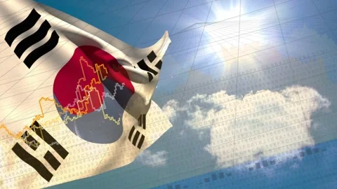 Gusts lifting Taegukgi flag, digital grid appearing, finance lines tracing peaks Stock Footage 333077813