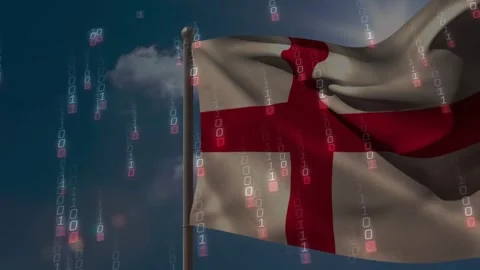 Gusts moving mounted flag with red cross billowing while binary glyphs falling, Stock Footage 320650615