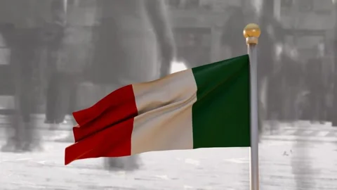 Gusts pushing vertical tricolor flag rippling and folding toward pole, showing Stock Footage 338365850