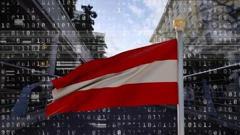 Gusts starting red-white-red flag fluttering and unfurling, binary digits Stock Footage 338356430