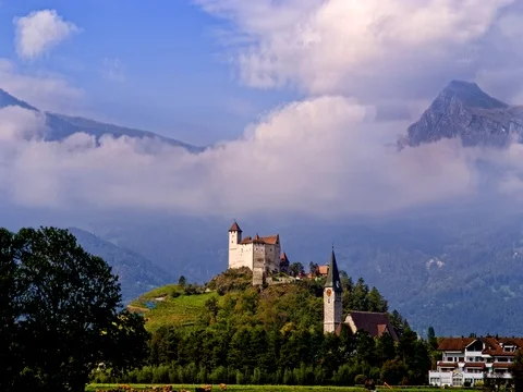 Gutenberg Castle on top of mountain in small remote country of Leichtenstein Видео 75687521