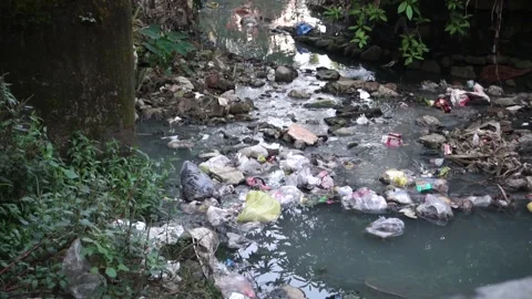 A gutter full of plastic and toxic waste flowing in open. Vidéo 171857576