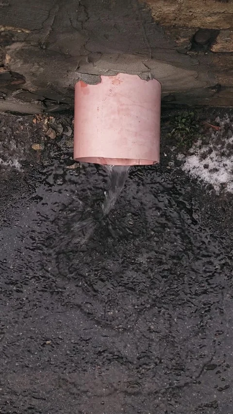 Gutter pipe with rainwater. The water is cascading out of the gutter Stock Footage 296985490