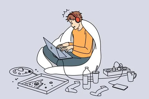 Guy addicted to gadgets play on laptop 库存插图