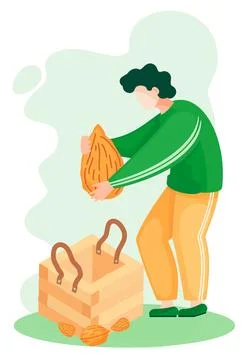 Guy with almond in hands. Man is preparing organic free diary drink. Vegan Stock Illustration