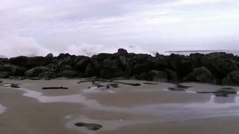 Guy Almost Gets Hit by a Sneaker Wave Near Coos Bay, Coos Bay, Oregon, USA - 23  Stock Footage 205320529