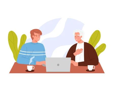 Guy and elderly man sitting at desk with laptop to study how to use computer Stock Illustration