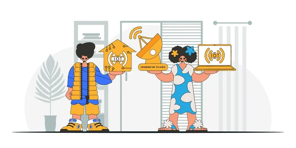 Guy and gal join forces to lead in the IoT sector, they have a slick, contemp Stock Illustration
