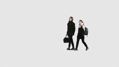 A guy and a girl with bags are walking, crossing the frame. Cut out footage Stock Footage 167072453