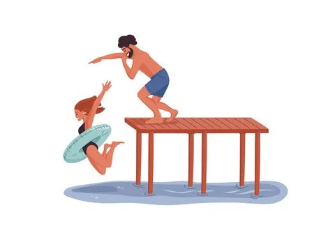 Guy and girl in float ring jumping from the pier Stock Illustration
