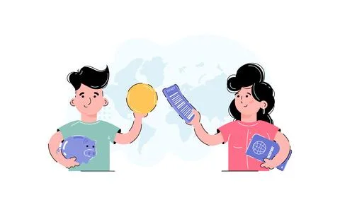 A guy and a lady are making preparations for a trip. The concept of travel... Stock Illustration