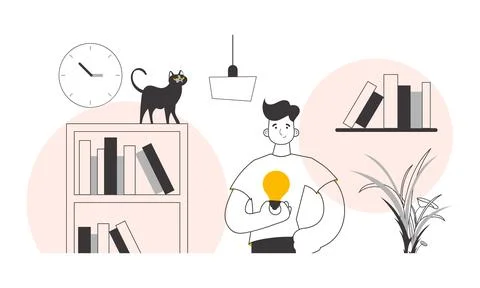 Guy and light bulb. Idea concept. Vector. Lines modern style. Illustrazione stock