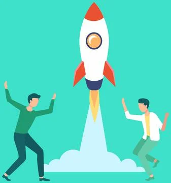 Guy are rejoicing at successful flight. Men launch aircraft into space. Rocket イラスト素材