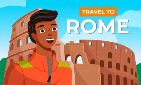 Guy on the backdrop of the Roman Coliseum, trip to Italy, a travel blog. Flat Illustrazione stock