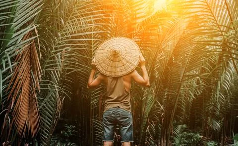A guy on the background of the jungle. in a hat, on order. Stock Photos