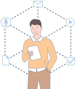 Guy on background of mobile app and program icons. Man using worldwide 스톡 일러스트