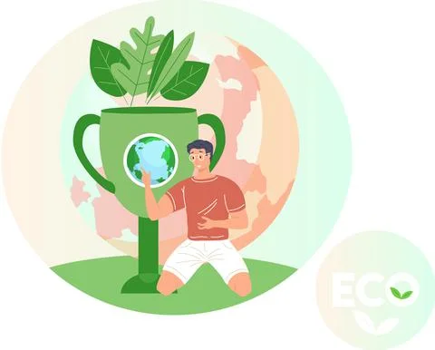 Guy on background of planet next to huge cup with image of planet. Man thinking 스톡 일러스트