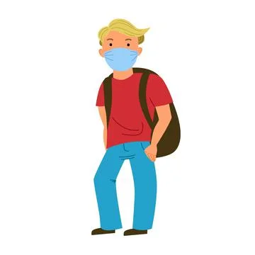 A guy with a backpack in a mask is waiting for his transport, a plane. Stock Illustration