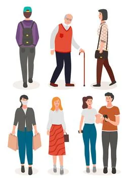 Guy with backpack, old man with walking stick, stylish women, happy couple Stock Illustration