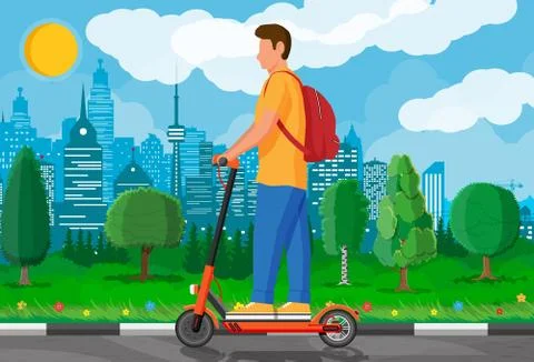 Guy with backpack rolling on electric scooter. Ilustración de archivo