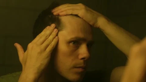 Guy with a bald patch on his head looks desperately at himself in the mirror. 库存影片 277050106
