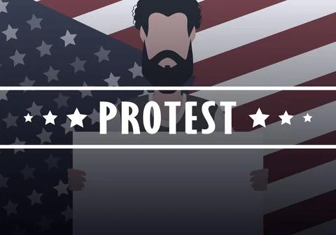 A guy with a banner in his hands on the background of the flag. Protest conce Stock Illustration