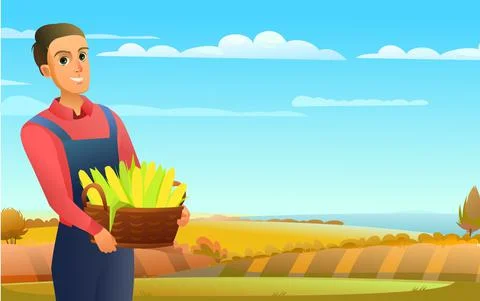 Guy with basket of corn cobs. Farmer boy standing. Harvest agricultural plant Stock Illustration
