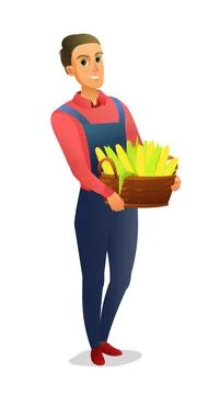 Guy with basket of corn cobs. Farmer boy standing. Harvest agricultural plant Illustrazione stock