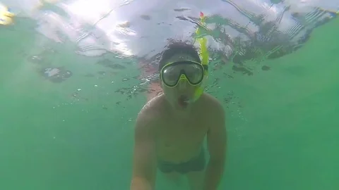 The guy bathe in the sea with fish. Scuba Diving in Masks. PHANGAN, THAILAND Видео 75875217