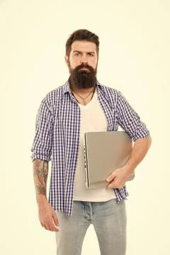 Guy bearded man brutal web developer. Social media marketing expert. Man with Stock Photos