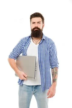 Guy bearded man brutal web developer. Social media marketing expert. Man with Stock Photos