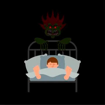 Guy in bed and Nightmare. Horror of night. Horrible dream. Monster in night.  Ilustração Stock