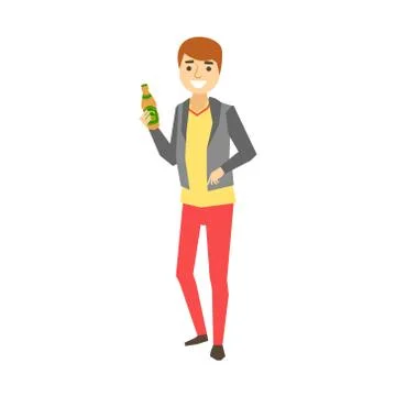 Guy With Beer Bottle, Part Of Funny Drunk People Having Fun At The Party Series Stock Illustration