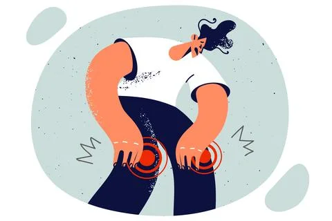 Guy bends over grabs knees feeling pain due to problems with ligaments after Illustrazione stock