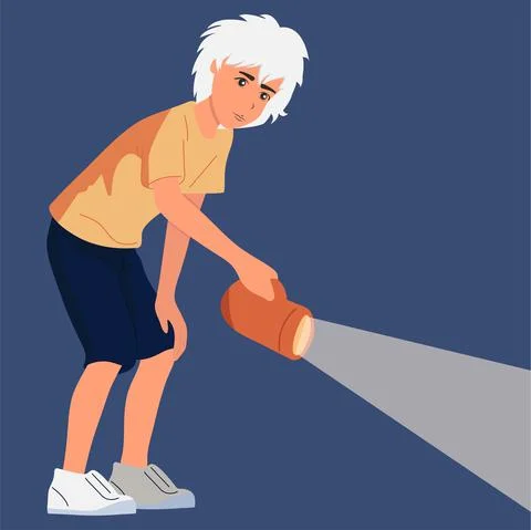 A guy with a big electric flashlight lights up the road. Vector, flat, white Stock Illustration
