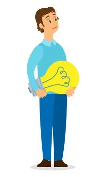Guy with big yellow light bulb in his hands. Idea, motivation, creativity. Flat Stock Illustration
